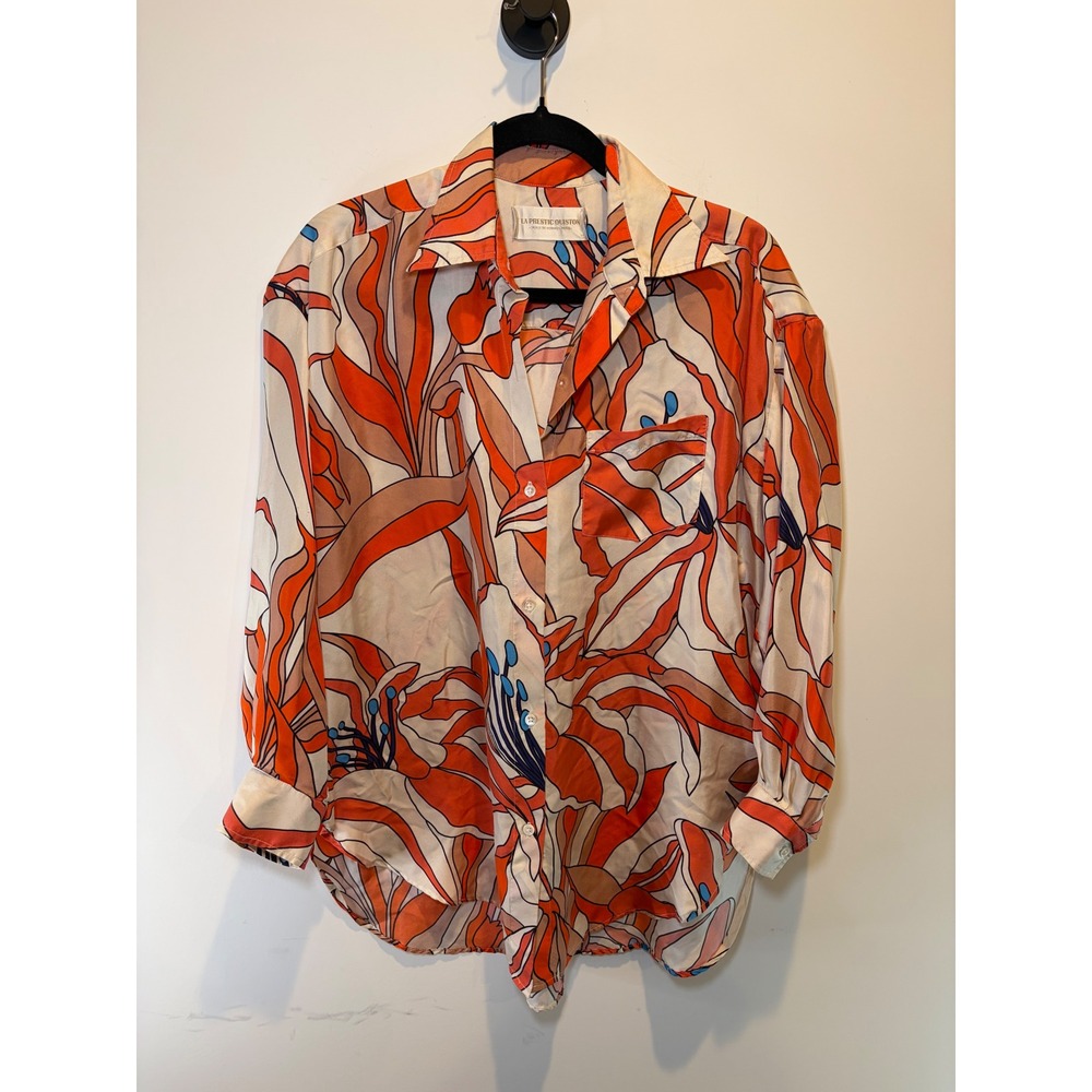 La Prestic Ouiston Silk Floral Button Down Shirt Orange Cream Blue Size 1 S